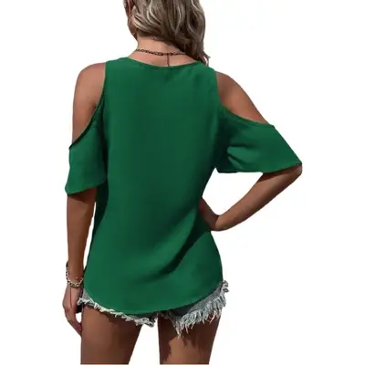 2024 Green Lace V-Neck Shoulder Short Sleeve Top