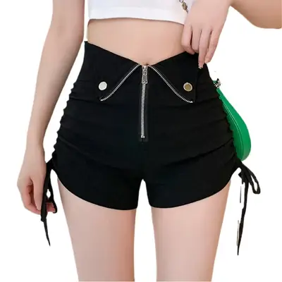 Black Zipper High Waist Shorts for Women Summer