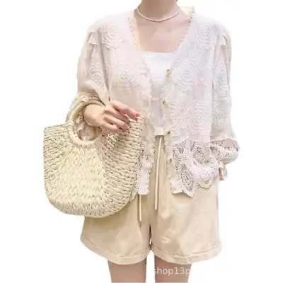 Korean Style Crochet V-Neck Shirt with Embroidered Design