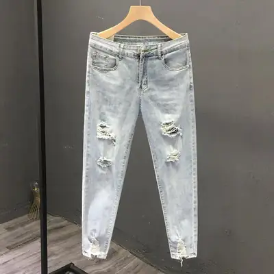 Men Ripped Skinny Jeans Slim Fit Cropped Pajamas