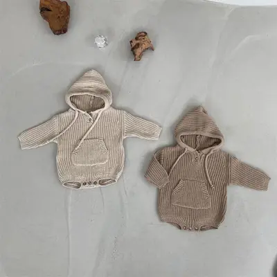 Korean Style Hooded Knitted Jumpsuit for Kids Brown