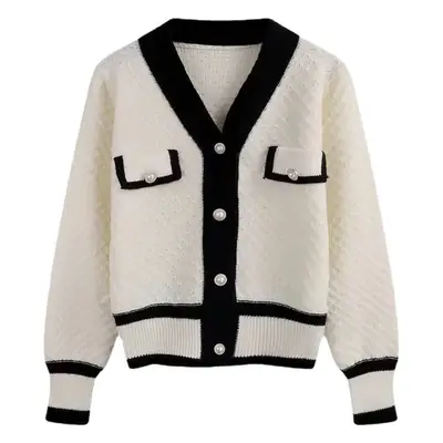 Women V Neck Knitted Cardigan Pink Cream 2025 Spring Fall