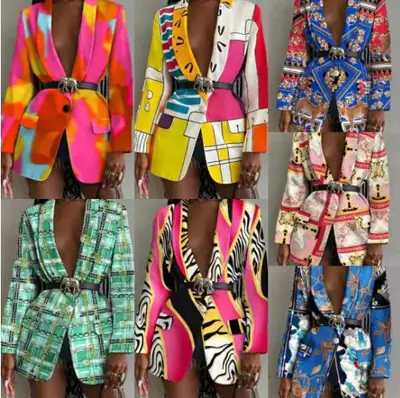 2021 Printed Shawl Collar Belt Suit Jacket for Women Blue