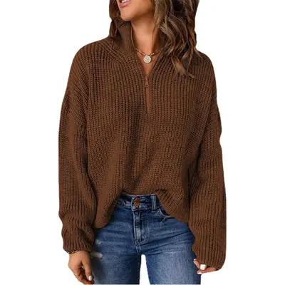 Women's Brown Waffle Knit Half-Collar Long Sleeve Top