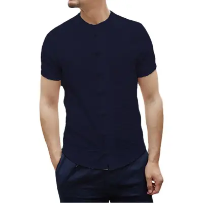 Men Button Collar Thin Slim Fit White Shirt 2025
