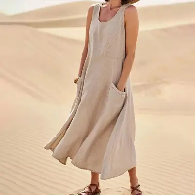 Women Cotton Linen Sleeveless Crewneck Dress Summer