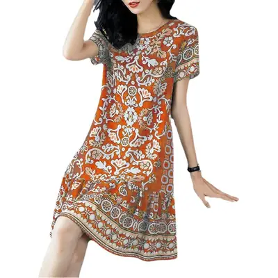 2024 Green Printed Ice Silk Dress for Women