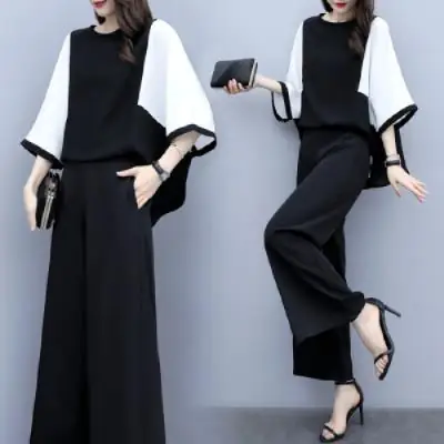 Women's Black Wide Leg Pants with Loose Top Suit Set