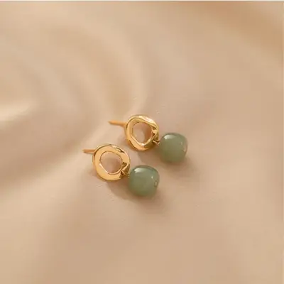 Vintage Light Jade Ear Stud Earrings S925 Silver
