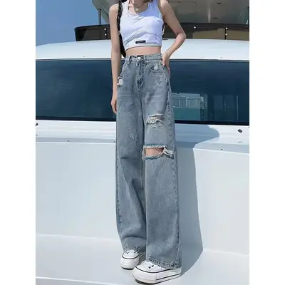 Women Ripped Jeans Straight Spring Loose High Waist Wide Leg