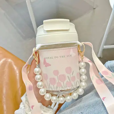 Tulip Glass Cup with Suction Cup & Pearl Strap