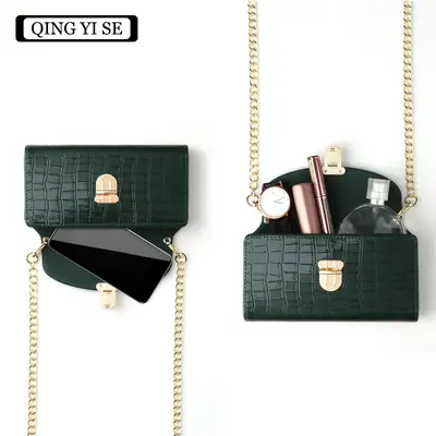 Green Croc Leather Mini Phone Bag for Women