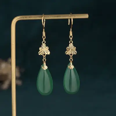 Green Jade Dangle Earrings for Women
