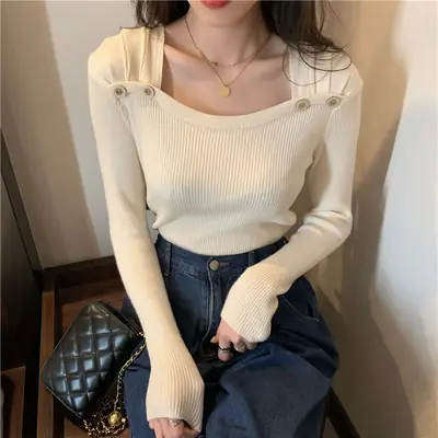 Women Black Square Collar Long Sleeve Sweater Top