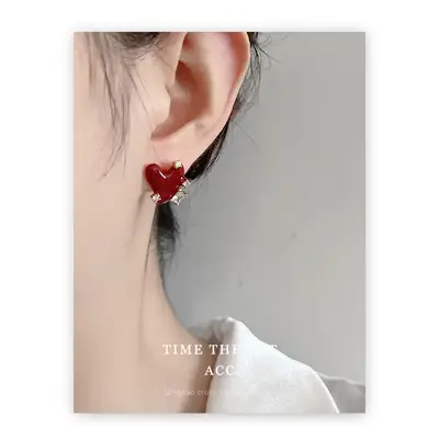 S925 Gold Needle Earrings with Red Oil Dropping Design