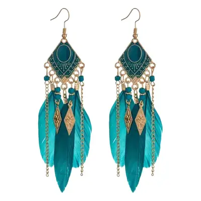 Blue Feather Tassel Earrings for Women Ethnic Style