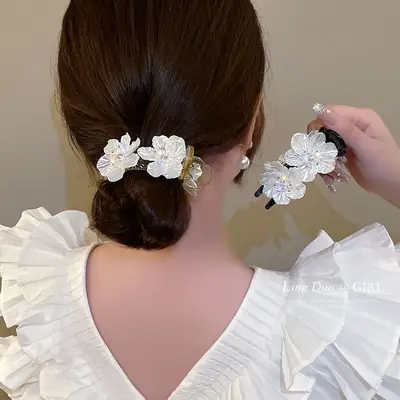White Floral Camellia Hairpin Clip for Women
