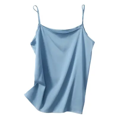 Women's Blue Silk Sleeveless Top with One-Neck Design