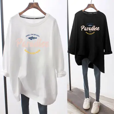 Women Long Sleeve Graphic T-Shirt White Black