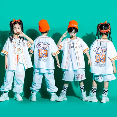 Hip-Hop Kids Western Costume White Orange Shorts Set