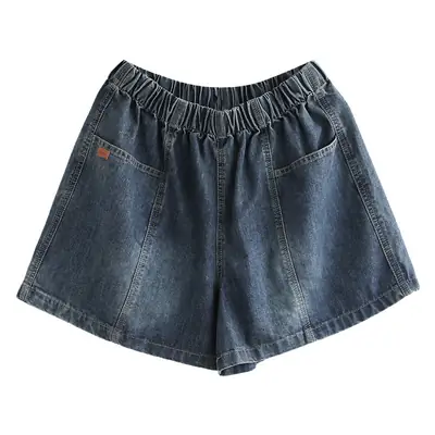 Women Denim Shorts with Large Pockets & Elastic Waist