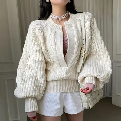 Women's Korean Chic Neck Sweater Brown Knitted 2023