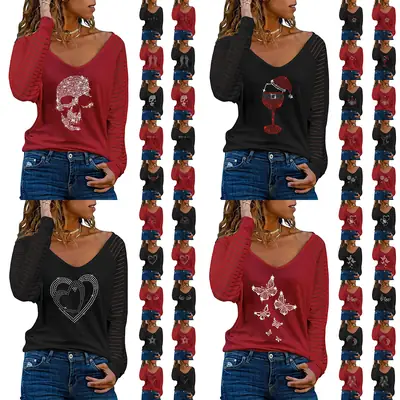 Women's Red V-Neck Long Sleeve T-Shirt with Rhinestone Design