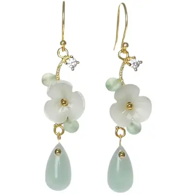 Women's Green Flower Earrings with Silver Hook
