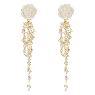 Broken Crystal Tassel Earrings with Camellia Flower Design