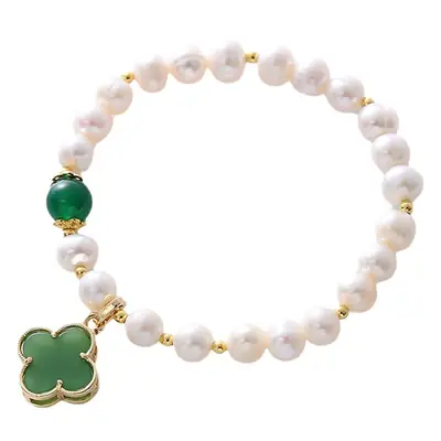 Women's Pearl Bracelet with Green Jade Pendant