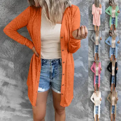 Women Long Button Cardigan Solid Beige Casual Outerwear