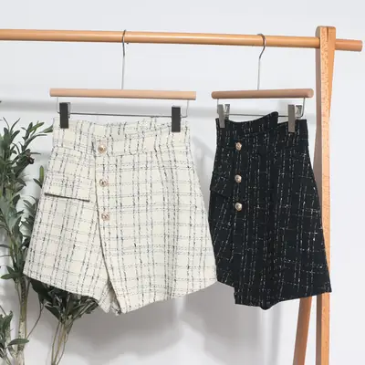 Women Plaid High Waist Shorts Tweed Wide Leg Boots 2023