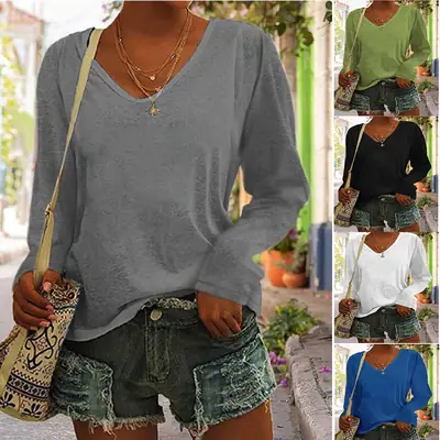 Blue V-Neck Long Sleeve Women's T-Shirt