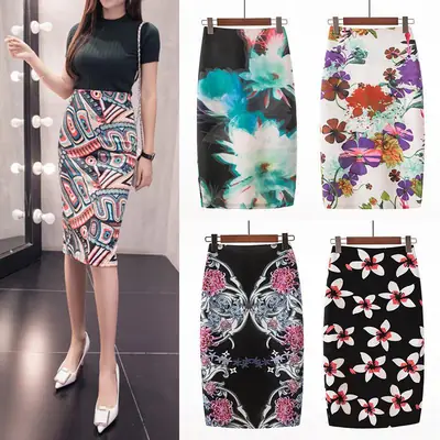 Women's Blue Leaf Digital Print Pencil Skirt Half Skirt Bodycon