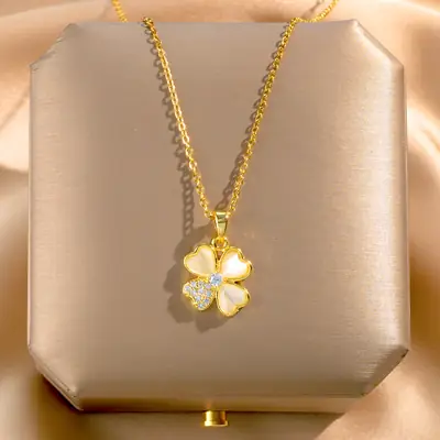 Gold Cat's Eye Four Leaf Clover Necklace for Women