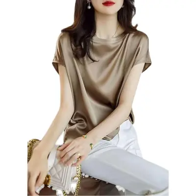 Women Satin Shirt Gold Round Neck Short Sleeve