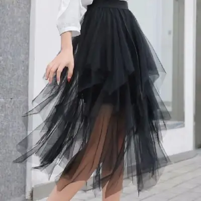 Black Mesh Irregular Pleated High Waist Skirt