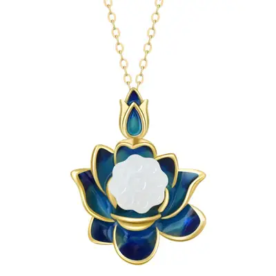 Titanium Steel Lotus Pendant Necklace Blue Enamel
