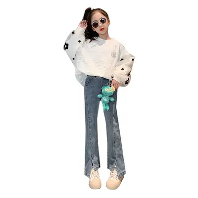 Girls' White Floral Puff Sweatshirt Set 2025