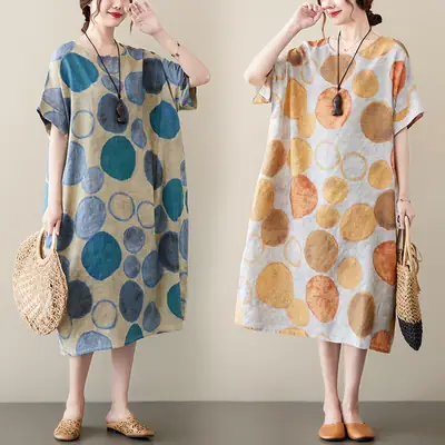 2022 Summer Over-the-Knee Cotton Linen Dress Blue Orange Circle Print