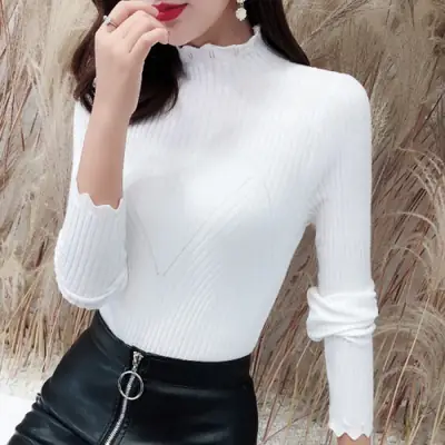 Women Korean Style Black Half-Turtleneck Sweater