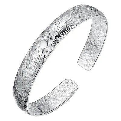 Silver Dragon & Phoenix Carved Bracelet for Women