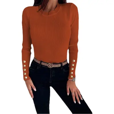 Button Knit Women's Top Brown Winter Autumn