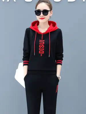 Women Hooded Sweatshirt Set Black Red Loose Fit Large