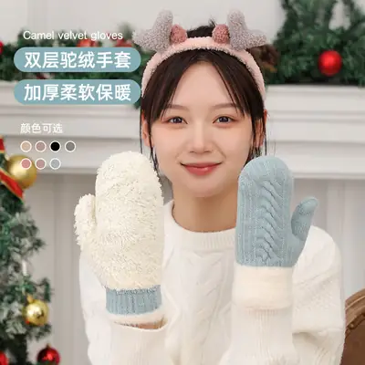 New Velvet Warm Camel Hair Gloves Double Layer Windproof