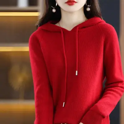 Women Blue Hooded Knit Sweatshirt Large Casual Korean Style