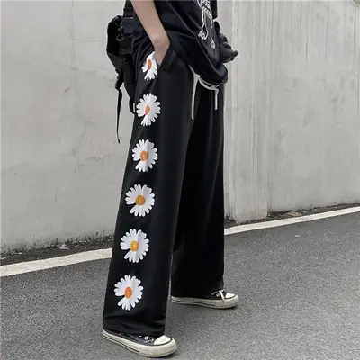 Women Korean Style Black Wide Leg Pants High Waist Loose Casual