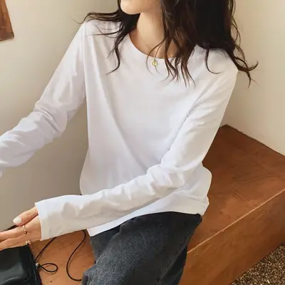 White Long Sleeve Cotton T-Shirt Women Loose Fit