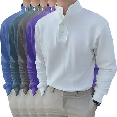 Men Black Polo Button Shirt Long Sleeve Spring Summer