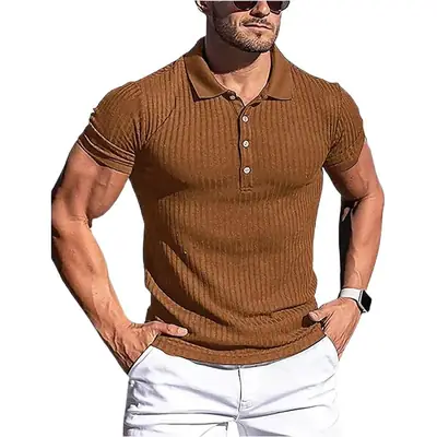 Men's Red Ribbed Polo Shirt Slim Fit Short Sleeve